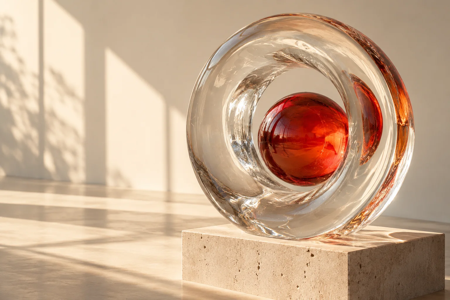 Sculptural optical glass lens refracting a warm coral sphere